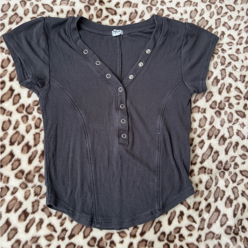Garage Black Short Sleeve Top with Button Accents